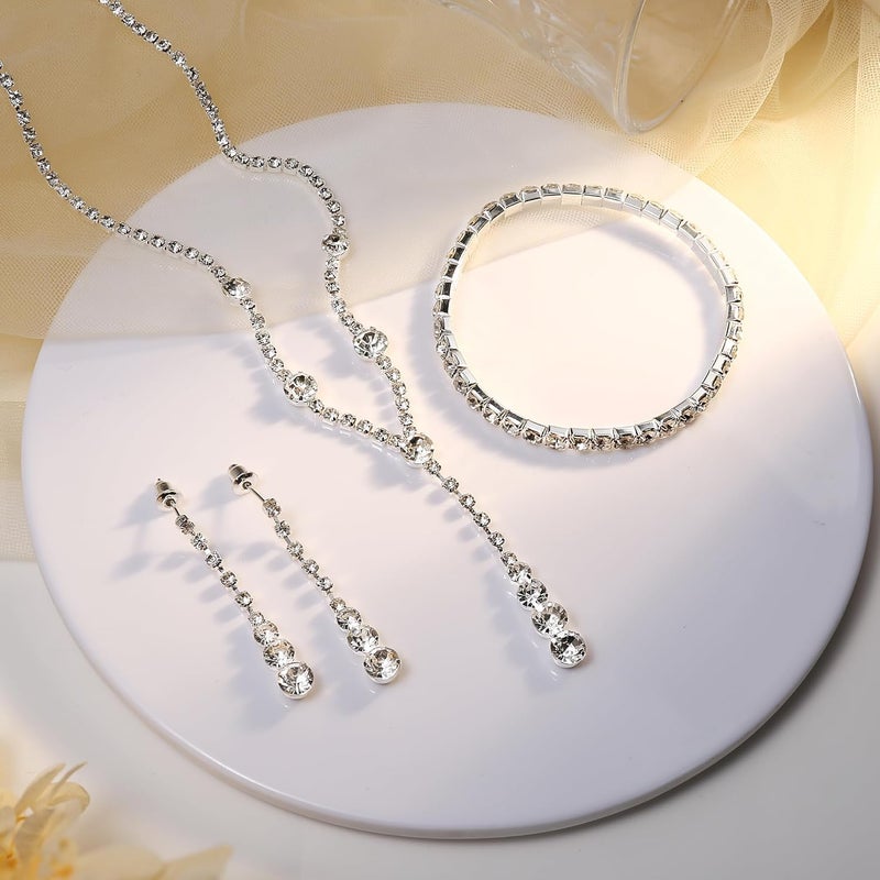 Jstyle Silver Plated Jewelry Set for Women Rhinestone Crystal Necklace Drop Earrings Link Bangle Bracelet Bridal Wedding Jewelry Sets for Brides Bridemaid Prom Costume Accessories - Image 5